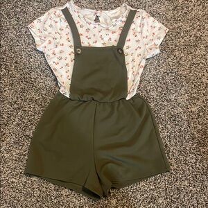 Olive Green and Floral Top Kids Romper